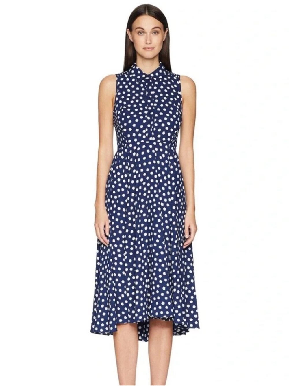 Kate Spade Navy Blue White Cloud Dot Midi Dress Sleeveless A Line Classic Sz 6